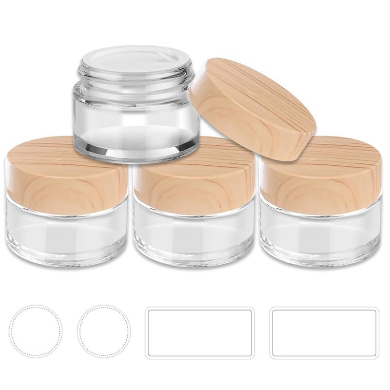 Tecohouse 1 oz Glass Jars with Lids, Small Glass Containers with Plastic Woodgrain Lids & Inner Liners, Reusable Travel Containers for Creams, Makeup, Lotion, Cosmetic 4 pack - Image 1